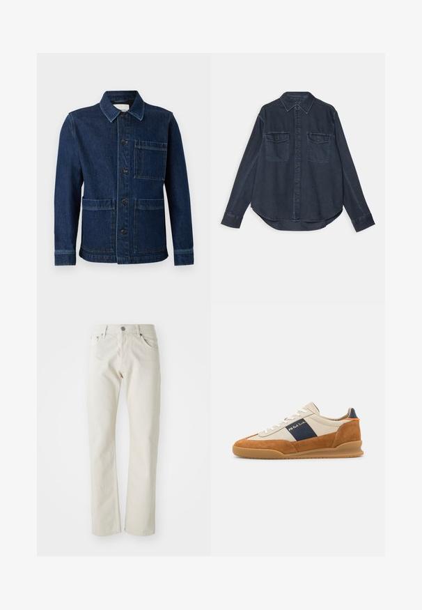 CLOSED ATELIER JACKET - Jeansjacke - mid blue; Dunkelblaues Denimhemd mit Knopfleiste, spitzem Kragen, zwei Brusttaschen und langen Ärmeln mit knopfbaren Manschetten.; Helle beige Jeans aus Baumwolle mit geradem Bein, fünf Taschen und silbernem Metallknopfverschluss.; PS Paul Smith DOVER - Sneaker low - cognac/off-white