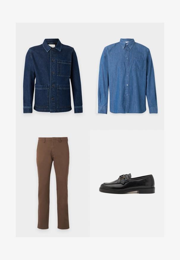 CLOSED ATELIER JACKET - Spijkerjas - mid blue; Blauw denim blouse met lange mouwen en knopen, voorzak en een geknoopte kraag op een effen lichte achtergrond.; Bruine slim-fit broek met ceintuurlussen, voorrits en een vlak voorkantontwerp, weergegeven op een lichtgrijze achtergrond.; Zwarte leren instappers met een ronde neus en een decoratieve gesp. Platte, stevige hak en een gladde textuur overal.