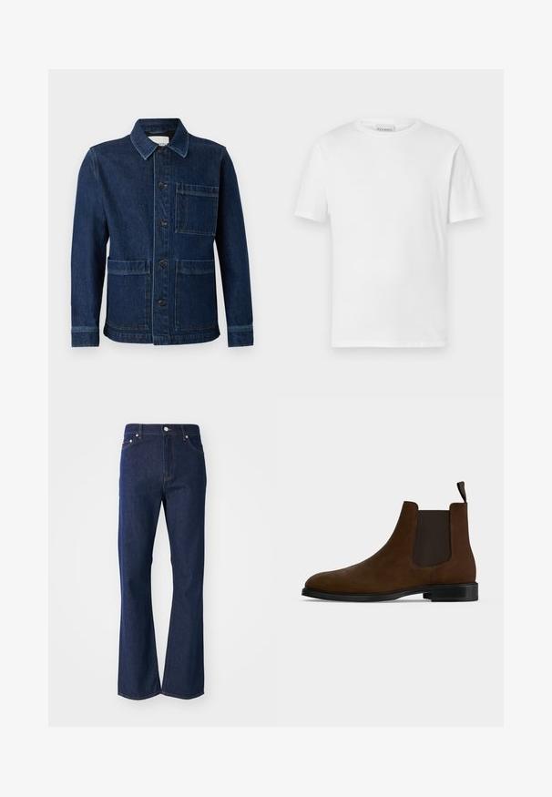 CLOSED ATELIER JACKET - Jeansjacke - mid blue; Weißes T-Shirt mit kurzen Ärmeln aus Baumwolle. Hat einen runden Halsausschnitt und einen geraden Saum. Keine Muster oder Verzierungen. Einfaches Design.; Dunkelblaue Jeans mit ausgestelltem Schnitt aus Denim. Verfügt über fünf Taschen, einen Reißverschluss vorne und einen Metallknopfverschluss. Klassische Nähte setzen Akzente.; Brauner Wildleder-Chelsea-Stiefel mit schwarzen elastischen Seitenpaneelen, schwarzer Gummisohle und Zuglasche auf der Rückseite vor weißem Hintergrund.
