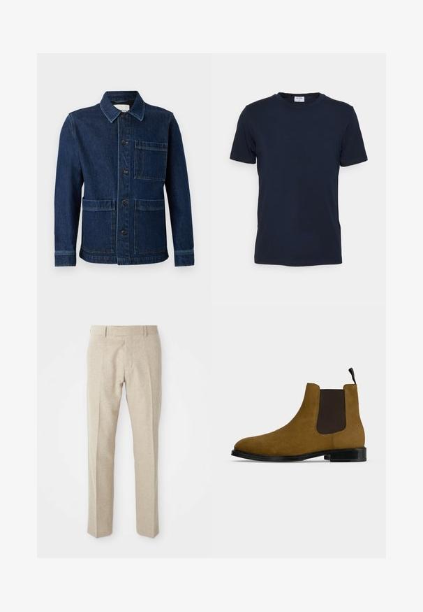 CLOSED ATELIER JACKET - Jeansjacke - mid blue; Navyblaues T-Shirt mit Rundhalsausschnitt aus weicher Baumwolle. Kurze Ärmel mit klassischer Passform, mit einem Etikett am Hals. Glatte Textur, minimalistisches Design.; Beige maßgeschneiderte Hosen aus strukturiertem Stoff, mit flacher Vorderseite, geraden Beinen und einem klassischen Bund mit Gürtelschlaufen.; Brauner Chelsea-Boot aus Wildleder mit schwarzem elastischem Seitenteil, schwarzer Sohle und Zuglasche vor hellem grauem Hintergrund.