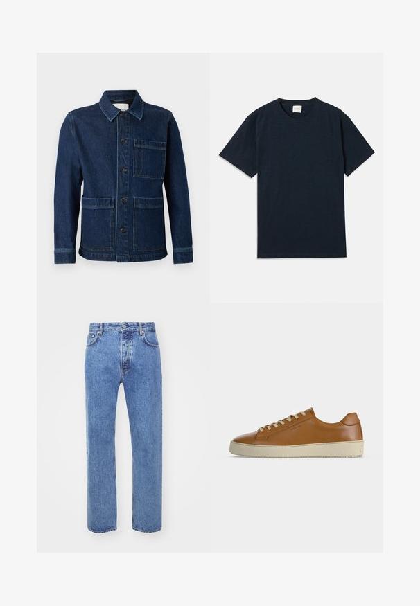 CLOSED ATELIER JACKET - Jeansjacke - mid blue; Ein einfarbiges, dunkelblaues Kurzarm-T-Shirt mit Rundhalsausschnitt und kleinem eingeprägtem Logo nahe dem unteren Saum.; Won Hundred STEVE - Jeans Relaxed Fit - cut blue; Brauner Low-Top-Ledersneaker mit cremefarbenen Schnürsenkeln und dicker cremefarbener Gummisohle, seitlich auf weißem Hintergrund dargestellt.