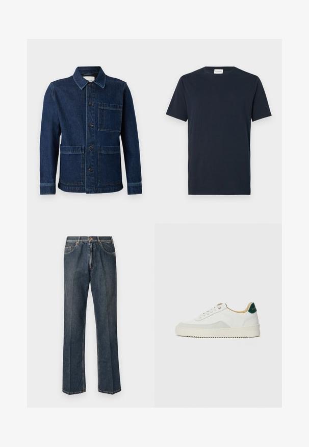 CLOSED ATELIER JACKET - Denimová bunda - mid blue; Námornícky modré tričko s krátkym rukávom vyrobené z jemnej bavlny. Má okrúhly výstrih a jednoduchý, čistý dizajn bez vzorov alebo akcentov.; Tmavomodré rovné džínsy s predným gombíkom, zipsom, dvojitými prednými vreckami a viditeľnými vertikálnymi pukmi pozdĺž nohavíc.; Biele tenisky s semišovými akcentmi, zaoblenou špičkou, plochými šnúrkami a krémovou gumovou podrážkou. Na päte sú zelené značky.