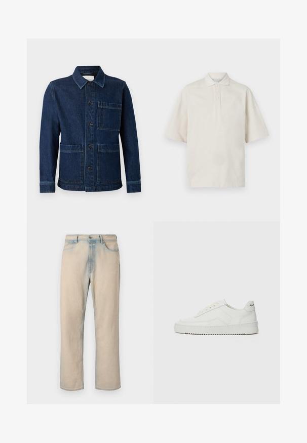 CLOSED ATELIER JACKET - Jeansjacke - mid blue; Beige Poloshirt mit kurzen Ärmeln, Kragen, drei vorderen Knöpfen und einer weichen Textur. Hat eine lockere, boxy Passform.; Helle beige Jeans aus Denim mit geradem Bein, verblassten blauen Akzenten, fünf Taschen und einem Knopfverschluss an der Taille.; Weiße Ledersneaker mit glatter Oberfläche, runder Zehenpartie, flachen Schnürsenkeln und strukturiertem Sohlenprofil. Mit einem dezenten Logo an der Ferse.