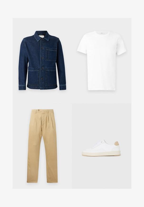 CLOSED ATELIER JACKET - Jeansjacke - mid blue; Schlichtes weißes kurzärmeliges Baumwoll-T-Shirt mit Rundhalsausschnitt, flach auf einem hellgrauen Hintergrund präsentiert.; CLOSED BERGEN TAPERED - Chino - beige; Weiße Low-Top-Sneaker mit einem strukturierten Lederobermaterial, cremefarbener, geriffelter Sohle und einem braunen Akzent an der Ferse. Mit weißen Schnürsenkeln und Logodetail an der Ferse.