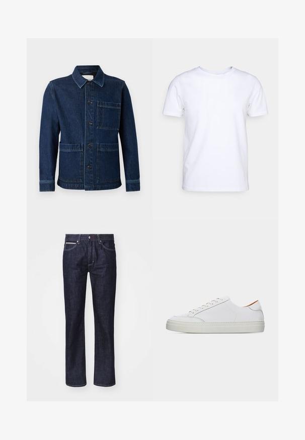CLOSED ATELIER JACKET - Denimová bunda - mid blue; Biela kratkosrstá bavlnená tričko s okrúhlym výstrihom. Jednoduchý dizajn bez vzorov alebo akcentov. Hladká textúra.; Tmavomodré džínsy so rovný strihom, jemným kontrastným šitím, piatimi vreckami a zapínaním na gombík v páse.; Biely nízky tenisky z kože so šnurovaním vpredu, hrubou podrážkou a minimálnym detailom prešívania na jednoduchom svetlom pozadí.