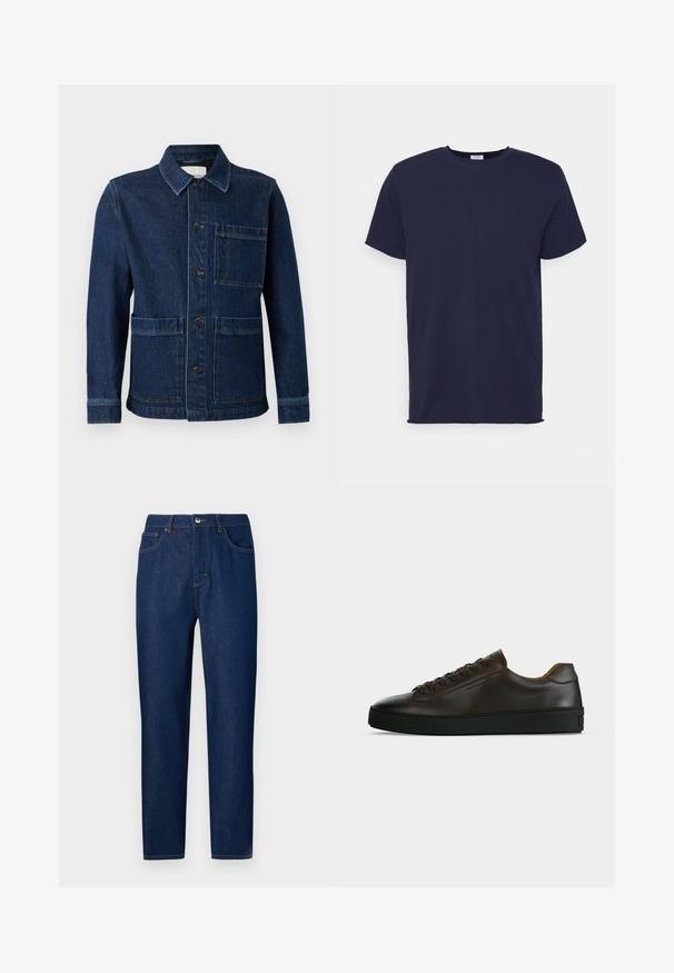 CLOSED ATELIER JACKET - Denimová bunda - mid blue; Námornícky modrá tričko krátky rukáv vyrobené z jemnej tkaniny. Obsahuje okrúhly výstrih a priame strih bez vzorov alebo akcentov.; Les Benjamins Džínsy s rovným strihom - rinse wash; Nízky profil tmavohnedých kožených tenisiek s čiernou gumovou podrážkou, šnurovanie vpredu a hladkým minimalistickým dizajnom na svetlom pozadí.