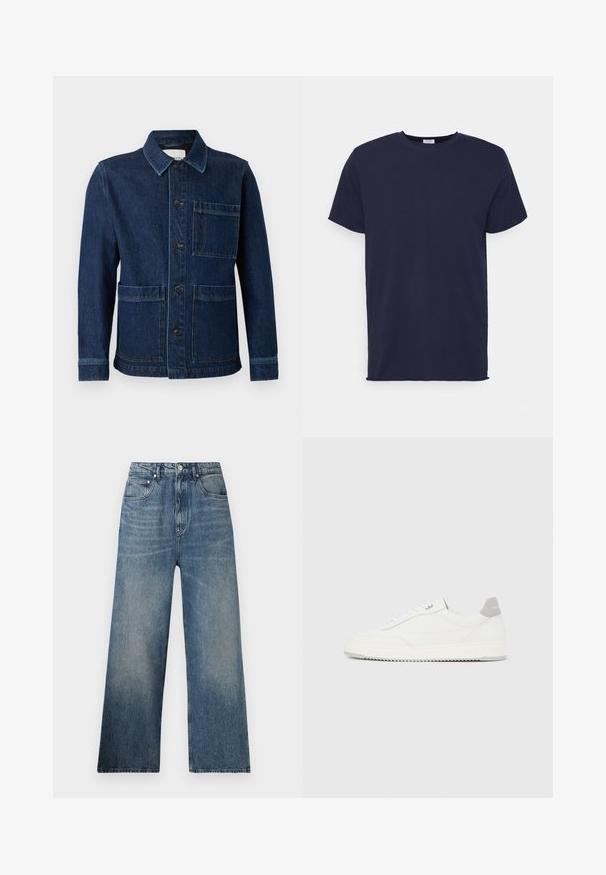 CLOSED ATELIER JACKET - Denimová bunda - mid blue; Námornícky modrá tričko krátky rukáv vyrobené z jemnej tkaniny. Obsahuje okrúhly výstrih a priame strih bez vzorov alebo akcentov.; Modré rifľové nohavice s širokými nohavicami a vysokým pásom, s jemným zosvetlením, piatimi vreckami a kovovým zapínaním vpredu.; Biela nízka teniska so sivým pätovým pásikom, bielymi šnúrkami a členitou podrážkou, zobrazená na jednoduchom svetlom pozadí.