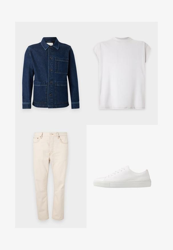 CLOSED ATELIER JACKET - Teksajakk - mid blue; Lihtne valge lühikeste varrukatega t-särk ümmarguse kaelusega, esitatud lahtiselt heledal taustal.; Beezid denim teksad sirge lõikega, viie tasku, kontrastse õmbluse ja nööpiga kinnitusega vööaias.; Valge nahast tenniseking, millel on sile viimistlus, ümmargune nina ja kuus nööbikohta paelte jaoks. Omab tekstureeritud kummist tallat ning minimalistliku disaini.