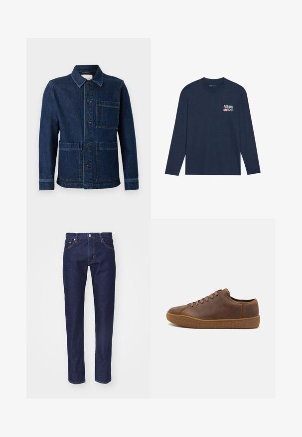 CLOSED ATELIER JACKET - Spijkerjas - mid blue; Donkerblauwe katoenen T-shirt met lange mouwen en ronde hals, met een grafisch ontwerp op de borst dat "Athletics 1968" leest, vergezeld van een kleine vlagaccent.; Marineblauwe denim spijkerbroek met een rechte pasvorm, vijf-pocket ontwerp, contrasterende oranje stiksels en een zilveren knoopsluiting aan de taille.; Bruine leren sneaker met een ronde neus, vetersluiting en een getextureerde rubberen zool. Bevat gestikte accenten en een laag profiel ontwerp.