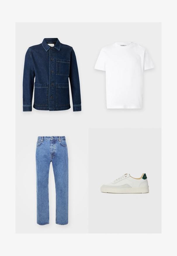 CLOSED ATELIER JACKET - Jeansjacke - mid blue; Weißes Baumwoll-T-Shirt mit Rundhalsausschnitt und kurzen Ärmeln. Besitzt ein kleines, geprägtes Logo auf der linken Brust. Glatte Textur.; Won Hundred STEVE - Jeans Relaxed Fit - cut blue; Weiße Sneaker mit Wildlederelementen, runder Zehenpartie, flachen Schnürsenkeln und einer cremefarbenen Gummisohle. Mit grünen Markenlogo am Fersenbereich.