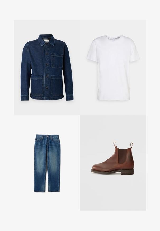 CLOSED ATELIER JACKET - Spijkerjas - mid blue; Witte t-shirt met korte mouwen, gemaakt van katoen. Heeft een ronde halslijn en een comfortabele pasvorm zonder zichtbare patronen of accessoires.; Blauwe spijkerbroek met een rechte pijp, vijf zakken, knoop- en ritssluiting en lichte vervaging op de dijen en knieën.; Bruine leren Chelsea-boot met elastische zijpanelen, een treklabel en een lage gestapelde hak. Gladde textuur met ronde neus en minimale details.