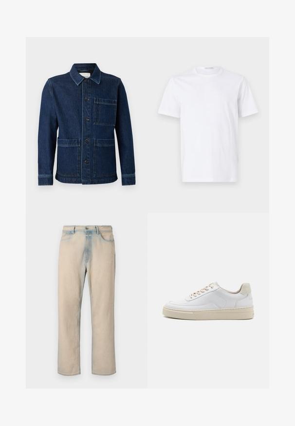 CLOSED ATELIER JACKET - Teksajakk - mid blue; Valge puuvillane T-särk ümarate krae ja lühikeste varrukatega. Sile tekstuur, sirge lõige ja minimalistik disain ilma mustrite või aksessuaarideta.; Heledadbeegid teksad sirge säärekujundusega, bleidunud siniste aktsentidega, viie taskuga ja nööbiga kinnitamisega vöö kohal.; Valged tennisajalatsid, millel on sile naha pealis, beežid paelad ja tekstureeritud beežist seemisnahast kand. Tõstetud tallad lisatud kõrguse saavutamiseks.