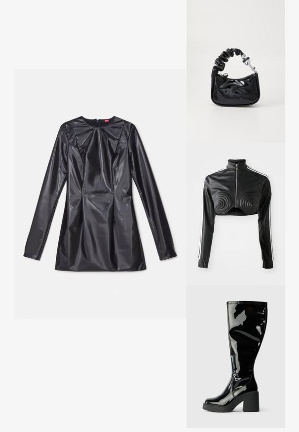 Schwarze, kürzere Jacke aus Kunstleder, mit spiralförmigen gepolsterten Akzenten auf der Brust, durchgehendem Reißverschluss und weißen Seitenstreifen an den Ärmeln.; 032c TRAPEZE TOO TIGHT MINI DRESS - Cocktailkleid/festliches Kleid - black luster; Knöchelhohe schwarze Lacklederstiefel mit glatter, glänzender Oberfläche, quadratischen Zehen und breiten schwarzen Absätzen. Nahtdetails an der Seite.; Handtasche aus schwarzem lackiertem Material mit gerafftem Henkel, silbernem Beschlag, runder Form, Reißverschluss und glatter, glänzender Oberfläche.