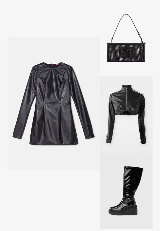 Schwarze, kürzere Jacke aus Kunstleder, mit spiralförmigen gepolsterten Akzenten auf der Brust, durchgehendem Reißverschluss und weißen Seitenstreifen an den Ärmeln.; 032c TRAPEZE TOO TIGHT MINI DRESS - Cocktailkleid/festliches Kleid - black luster; Schwarzer glänzender kniehoher Stiefel mit glatter Textur, abgerundetem Zehenbereich und dicker Plateau-Sohle. Verfügt über ein dezentes Wellendesign am Schaft.; Schwarze rechteckige Netzhandtasche mit abnehmbarem dünnem Riemen und einem zentralen geometrischen Logo-Patch auf der Vorderseite.