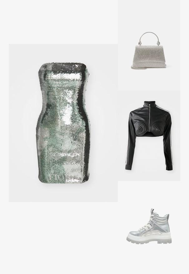 Chaqueta negra corta de cuero sintético, con detalles acolchados en forma de espiral en el busto, cierre frontal con cremallera y franjas blancas en los laterales de las mangas.; Bolso cilíndrico cubierto de lentejuelas en tonos plateados y verdes, con una textura suave y superficie reflectante, que presenta una silueta curvada.; Bota alta de plata metálica con suela de goma blanca gruesa, parte delantera con cordones y collarín acolchado en el tobillo sobre un fondo blanco.; ALDO FELISIA - Bolso de mano - silver-coloured