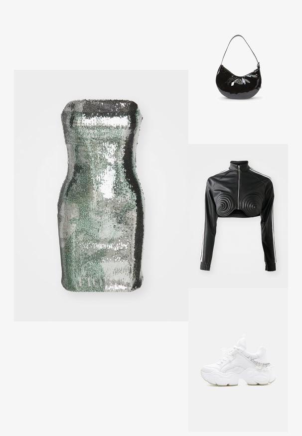 Veste cropped noire en simili cuir, avec des accents rembourrés en forme de spirale sur la poitrine, fermeture éclair à l'avant et bandes blanches sur les manches.; Sac cylindrique recouvert de sequins dans des teintes argentées et vertes, avec une texture lisse et une surface réfléchissante, présentant une silhouette incurvée.; Baskets blanches épaisses avec semelle épaisse, devant à lacets et détail chaîne avec perles pendantes sur le talon.; Sac à main en cuir verni noir avec une forme arrondie, une bandoulière unique, une fermeture éclair et un logo en métal décoratif. Texture lisse.