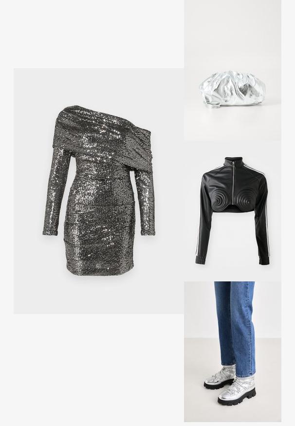 Zwarte cropped jas van nep leer, met spiraalvormige gewatteerde accenten op de buste, een ritssluiting aan de voorkant en witte zijstrepen op de mouwen.; Pailletten jurk met een off-shoulder halslijn, lange mouwen en een aansluitende silhouette. Gemaakt van metallic stof in zilveren tinten.; Metallisch zilveren enkellaarsjes met een robuuste zwarte zool, voorzien van een gevoerd bovenwerk en veters, gecombineerd met blauwe rechte jeans.; Metalen zilveren clutch tas met een zachte, geplooide body en een dunne schouderriem. Kenmerkt zich door een gladde, glanzende textuur en afgeronde vorm.