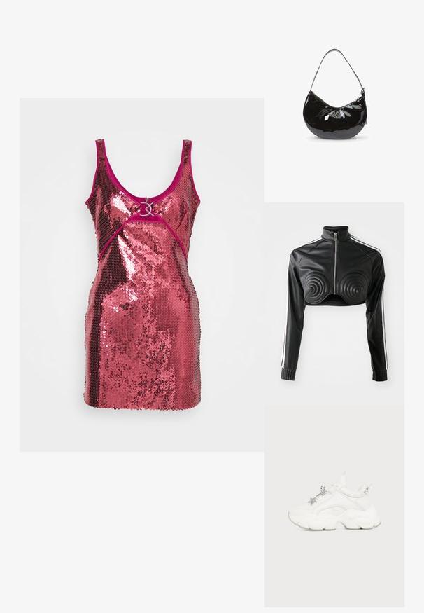 Veste cropped noire en simili cuir, avec des accents rembourrés en forme de spirale sur la poitrine, fermeture éclair à l'avant et bandes blanches sur les manches.; Robe à paillettes en rose éclatant avec un design ajusté. Présente un décolleté plongeant, des bretelles larges et un accent de décoration en métal à l'avant.; Baskets blanches épaisses avec une semelle épaisse, des accessoires de lacets argentés en forme d'étoile et ronds, et un soutien de cheville rembourré sur un fond uni.; Sac à main en cuir verni noir avec une forme arrondie, une bandoulière unique, une fermeture éclair et un logo en métal décoratif. Texture lisse.