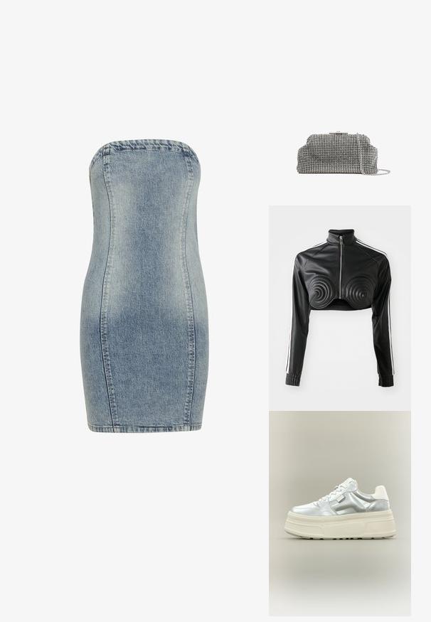 Mustat lyhyet nahkajaket, joissa on keinonahkaa, spiraalimaisia pehmusteita rinnan kohdalla, vetoketjuluukku ja valkoiset sivusuorat hihansuissa.; Denim-mekko ilman olkaimia vaaleansinisessä värissä, istuva malli, keskipituus reiden puoliväliin, näkyvillä saumoilla ja sileällä pinnalla. Ei koristeita.; Röyhelöinen tasapohjakengät metallinhohtoisella hopeanvärisellä päällisellä, valkoiset nauhat ja paksu kermaisenvärinen kuvioitu pohja, sivuprofiilissa neutraalia taustaa vasten.; Reiss ADALINE EMBELLISHED - Pikkulaukku - silver coloured