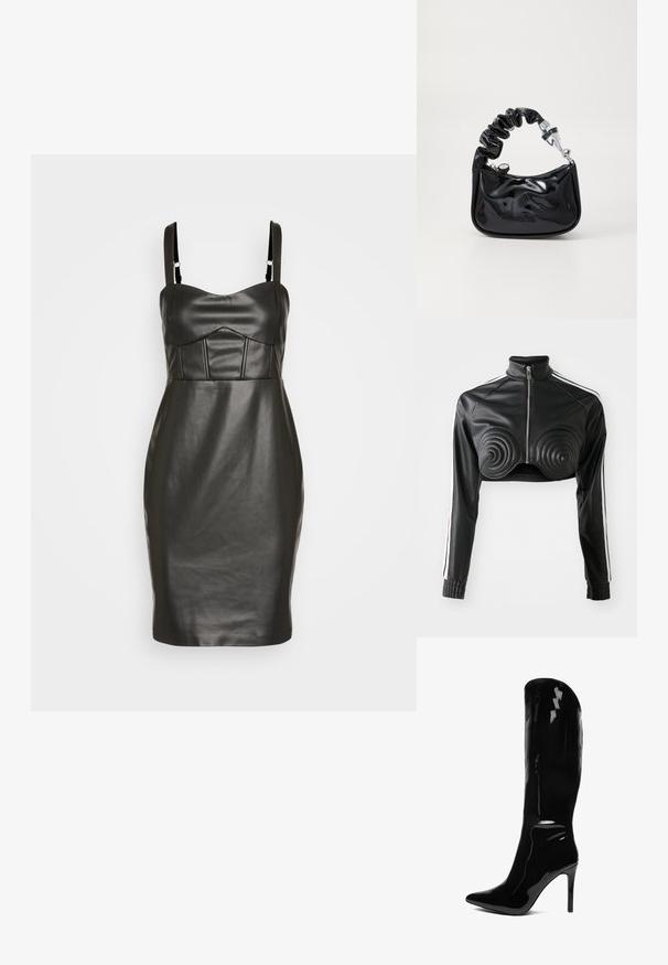 Veste cropped noire en simili cuir, avec des accents rembourrés en forme de spirale sur la poitrine, fermeture éclair à l'avant et bandes blanches sur les manches.; Robe en simili cuir noir avec une silhouette près du corps, des fines bretelles et un buste structuré et rembourré présentant des coutures verticales. Texture lisse.; Bottine noire en vernis, hauteur genou, avec un bout pointu. Sa texture lisse et son design élancé créent une silhouette élégante et moulante.; Sac à main en matériau noir verni avec une anse froissée, quincaillerie argentée, forme arrondie, fermeture éclair et texture lisse et brillante.