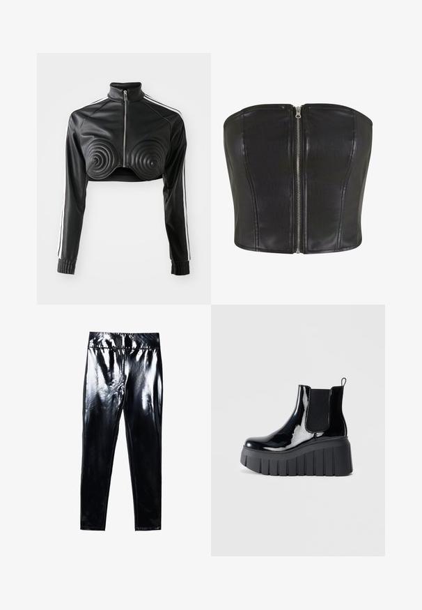 Schwarze, kürzere Jacke aus Kunstleder, mit spiralförmigen gepolsterten Akzenten auf der Brust, durchgehendem Reißverschluss und weißen Seitenstreifen an den Ärmeln.; Schwarzes Leder-Corsage-Oberteil mit strukturierter Passform. Verfügt über einen zentralen silbernen Reißverschluss und Nahtdetails entlang des Oberteils. Schmeichelnde Textur.; Schwarze, hochglänzende Leggings mit glatter, glänzender Oberfläche. Elastischer Bund und figurbetontes Design mit schmal zulaufendem Bein.; Schwarze Lackleder-Ankle-Boots mit elastischen Seitenpanels, chunky Plateausohle und einer Schlaufe zum Herausziehen an der Rückseite. Glatte Textur und elegantes Design.