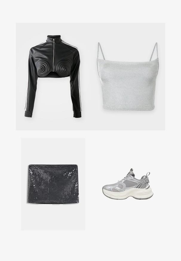 Veste cropped noire en simili cuir, avec des accents rembourrés en forme de spirale sur la poitrine, fermeture éclair à l'avant et bandes blanches sur les manches.; Crop top court en maille métallique argentée avec fines bretelles ajustables. Coupe ajustée et texture lisse. Aucun motif ni détail métallique visible.; Pochette noire en sequins de forme rectangulaire, présentant une texture lisse et des sequins réfléchissants couvrant la surface pour un éclat supplémentaire.; Baskets athlétiques argentées avec une tige en mesh, une semelle arrondie, des détails texturés et des accents renforcés pour un soutien supplémentaire.