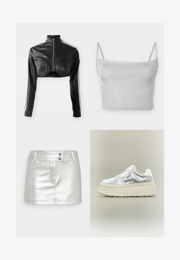 Veste cropped noire en simili cuir, avec des accents rembourrés en forme de spirale sur la poitrine, fermeture éclair à l'avant et bandes blanches sur les manches.; Crop top court en maille métallique argentée avec fines bretelles ajustables. Coupe ajustée et texture lisse. Aucun motif ni détail métallique visible.; Jupe en cuir synthétique argenté avec un motif crocodile texturé, dotée de deux accents de boutons bleus et d'un design ajusté.; Baskets à plateforme épaisses avec dessus argent métallisé, lacets blancs et semelle épaisse texturée crème, présentées en profil sur fond neutre.