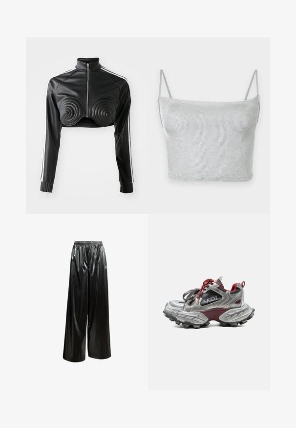 Schwarze, kürzere Jacke aus Kunstleder, mit spiralförmigen gepolsterten Akzenten auf der Brust, durchgehendem Reißverschluss und weißen Seitenstreifen an den Ärmeln.; Silbernes, metallisch glänzendes, gestricktes Crop-Top mit dünnen, verstellbaren Trägern. Enganliegendes Design und glatte Textur. Keine Muster oder sichtbare Verzierungen.; Schwarze, weit geschnittene Hose mit elastischem Bund aus glänzendem Material; auf der unteren linken Seite befindet sich das Adidas-Logo in Silber.; Silberner und kastanienbrauner Sneaker mit dicker, strukturierter Sohle, roten Schnürsenkeln, schwarzen Mesh-Einsätzen und "KOI"-Branding an der Seite.