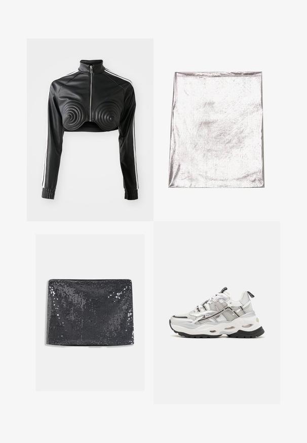 Schwarze, kürzere Jacke aus Kunstleder, mit spiralförmigen gepolsterten Akzenten auf der Brust, durchgehendem Reißverschluss und weißen Seitenstreifen an den Ärmeln.; Metallisch silberner Stoff mit glatter Textur und leichtem Schimmer. Rechteckige Form, Kanten ordentlich genäht, keine auffälligen Muster oder Akzente.; Schwarze Clutch-Tasche mit rechteckiger Form, ausgestattet mit einer glatten Textur und reflektierenden Pailletten, die die Oberfläche für zusätzlichen Glanz bedecken.; Weißer und grauer Sportschuh aus Mesh und synthetischen Materialien, dicke Sohle, auffälliges schwarzes Profil und Schnürdesign mit Akzenten.