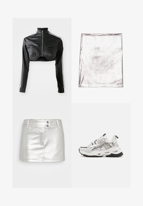 Veste cropped noire en simili cuir, avec des accents rembourrés en forme de spirale sur la poitrine, fermeture éclair à l'avant et bandes blanches sur les manches.; Tissu argenté métallique avec une texture lisse et un léger éclat. Forme rectangulaire, bords soigneusement cousus, sans motifs ou accents marquants.; Jupe en cuir synthétique argenté avec un motif crocodile texturé, dotée de deux accents de boutons bleus et d'un design ajusté.; Baskets de sport blanches et grises en matériaux en maille et synthétiques, semelle épaisse, profil de crampons noirs proéminents, et design à lacets avec des accents.