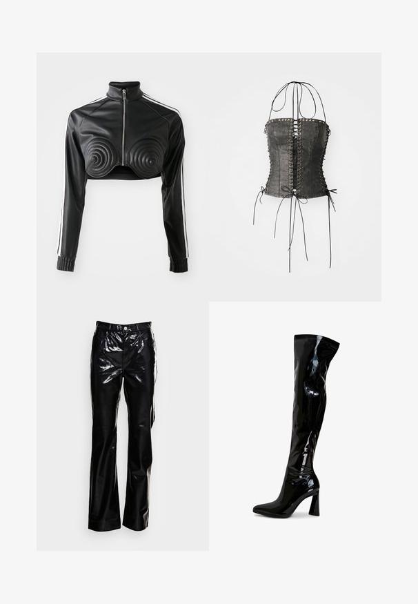 Schwarze, kürzere Jacke aus Kunstleder, mit spiralförmigen gepolsterten Akzenten auf der Brust, durchgehendem Reißverschluss und weißen Seitenstreifen an den Ärmeln.; Jaded London LONGLINE LACE UP HALTER CORSET - Top - black; Monki Stoffhose - black dark; Schwarze Overknee-Stiefel aus lackiertem Leder mit spitz zulaufender Zehenpartie, quadratischem Blockabsatz und glatter, glänzender Oberfläche. Ohne sichtbare Beschläge.