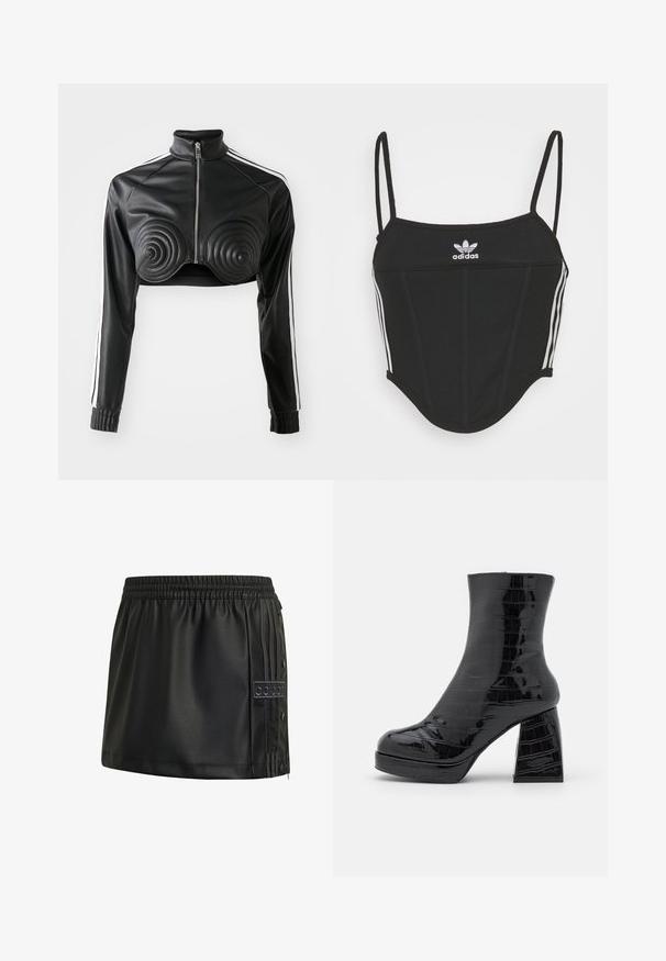 Schwarze, kürzere Jacke aus Kunstleder, mit spiralförmigen gepolsterten Akzenten auf der Brust, durchgehendem Reißverschluss und weißen Seitenstreifen an den Ärmeln.; Schwarzes, geripptes Crop Top mit verstellbaren dünnen Trägern, das drei weiße Streifen an den Seiten und ein kleines weißes Adidas-Logo in der Mitte aufweist.; Schwarzer Minirock aus Kunstleder mit elastischem Bund, seitlichen Druckknöpfen und Adidas-Logo-Patch auf gestreiftem Einsatz.; Even&Odd by Zalando Plateaustiefelette - black