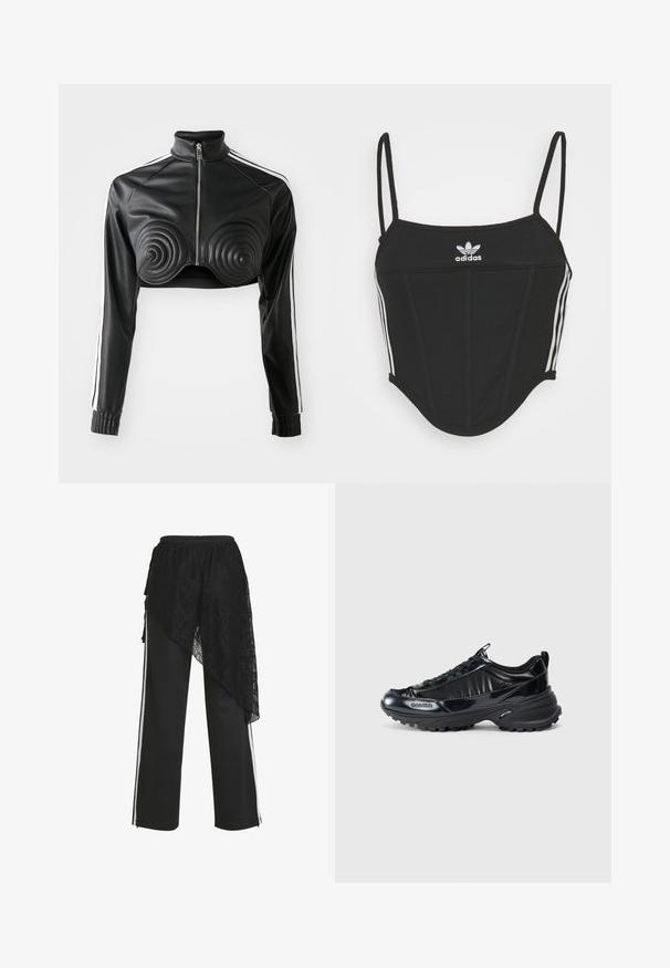 Zwarte cropped jas van nep leer, met spiraalvormige gewatteerde accenten op de buste, een ritssluiting aan de voorkant en witte zijstrepen op de mouwen.; Zwarte geribbelde crop top met verstelbare dunne bandjes, voorzien van drie witte strepen aan de zijkanten en een klein wit Adidas-logo in het midden.; Zwarte broek met wijde pijpen, witte zijstrepen en een asymmetrische zwarte kanten overlay gedrapeerd aan de linkerkant.; Zwarte glanzende sneakers met een gebogen bovenkant, een textuur rubberen zool en vetersluiting. Kenmerkt zich door branding aan de zijkant en een treklipje aan de achterkant.