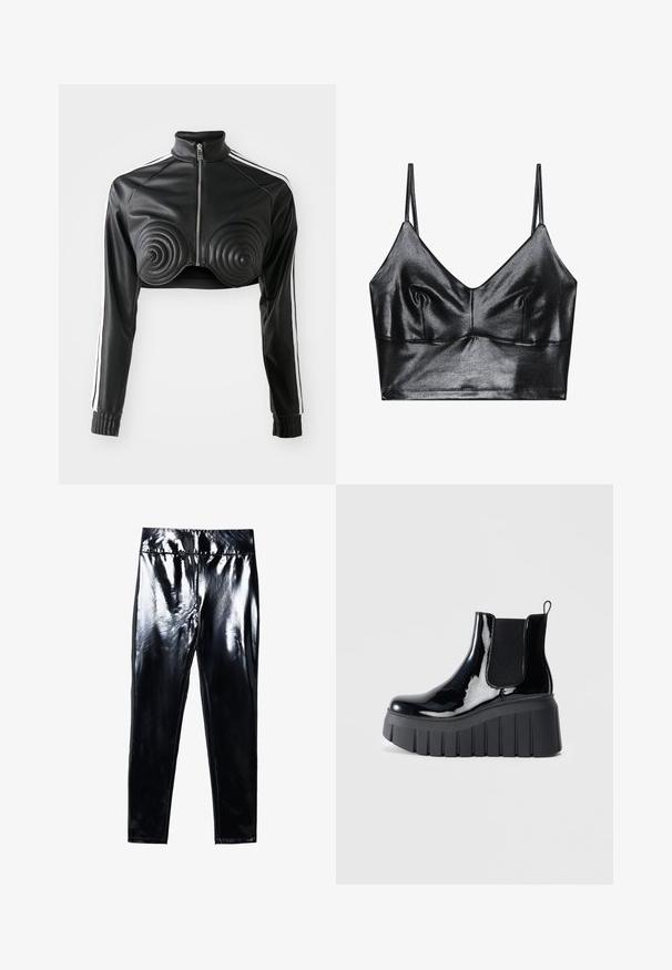 Zwarte cropped jas van nep leer, met spiraalvormige gewatteerde accenten op de buste, een ritssluiting aan de voorkant en witte zijstrepen op de mouwen.; Zwarte, glanzende bralette met dunne verstelbare bandjes, met een V-halslijn, een gladde textuur en subtiele plooitjes bij de buste voor vorm.; Zwarte leggings met hoge glans, gekenmerkt door een glanzend, glad oppervlak. Elastische tailleband en een figuurvormig ontwerp met een taps toelopende pijp.; Zwart gepatenteerd leren enkellaarsje met elastische zijpanelen, chunky plateauzool en een lus om aan de achterkant. Gladde textuur en stijlvolle uitstraling.