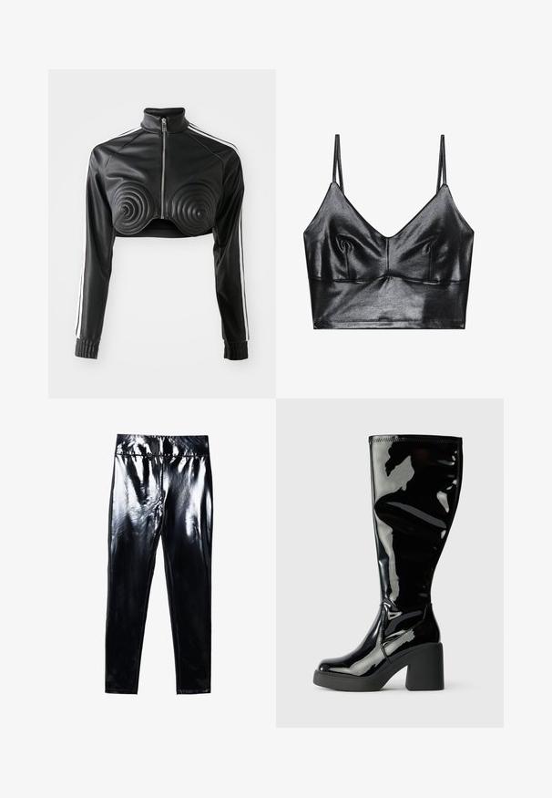 Schwarze, kürzere Jacke aus Kunstleder, mit spiralförmigen gepolsterten Akzenten auf der Brust, durchgehendem Reißverschluss und weißen Seitenstreifen an den Ärmeln.; Schwarzer, glänzender Bralette mit dünnen verstellbaren Trägern, V-Ausschnitt, glatter Textur und dezentem Gather an der Brust für eine schöne Form.; Schwarze, hochglänzende Leggings mit glatter, glänzender Oberfläche. Elastischer Bund und figurbetontes Design mit schmal zulaufendem Bein.; Knöchelhohe schwarze Lacklederstiefel mit glatter, glänzender Oberfläche, quadratischen Zehen und breiten schwarzen Absätzen. Nahtdetails an der Seite.
