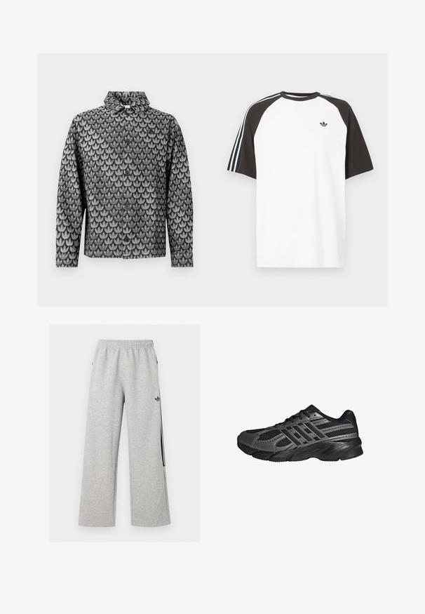 Zwart-grijs jack met knopen, met een geometrisch bladpatroon en lange mouwen, getoond op een effen witte achtergrond.; Wit T-shirt met zwarte raglanmouwen, voorzien van blauw gestreepte accenten op de schouders en een klein zwart logo op de borst.; Lichtgrijze wijde joggingbroek met elastische tailleband en zwart Adidas trefoil-logo op de rechterdij.; Zwarte sportschoenen gemaakt van mesh en synthetische materialen, met een getextureerd oppervlak, meerdere grijze strepen en een gevoerde kraag.