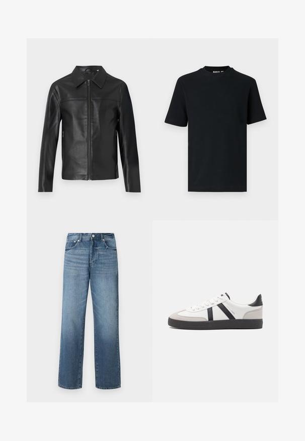 Veste en cuir noir avec des manches longues, fermeture éclair à l'avant et col pointu, présentée sur un fond blanc.; T-shirt noir à manches courtes en maille côtelée avec col rond et une petite étiquette visible à l'intérieur du col.; Jean en denim bleu avec une coupe droite, présentant un délavage, des passants de ceinture, cinq poches et une fermeture à bouton classique.; Baskets blanches avec des accents noirs et gris, présentant un embout texturé gris, une semelle en caoutchouc noir et des lacets plats blancs. Design épuré, style minimaliste.