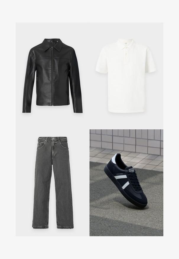 Veste en cuir noir avec des manches longues, fermeture éclair à l'avant et col pointu, présentée sur un fond blanc.; Chemise polo blanche en coton avec un col classique, des manches courtes, une patte de boutonnage à deux boutons et un tissu texturé subtil.; Jean en denim gris avec une coupe droite, cinq poches et une fermeture à bouton. Présente un léger effet d'usure et une texture légèrement vieillie.; Sneaker en cuir noir avec des rayures blanches, semelle en caoutchouc texturée et devant à lacets. Présente une étiquette de marque sur la languette.