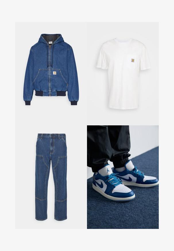 Carhartt WIP ACTIVE JACKET - Τζιν μπουφάν - blue stone washed; Λευκό βαμβακερό T-shirt με κοντά μανίκια, τσέπη στο στήθος και ένα μικρό τετράγωνο λογότυπο σε πορτοκαλί και λευκό στην τσέπη.; Μπλε τζιν παντελόνι με ίσιο πόδι, μπροστινές τσέπες και αντίθετες ραφές. Ο ύφασμα έχει κλασική υφή και φινίρισμα.; Τα παπούτσια Nike Air Jordan διαθέτουν λευκή δερμάτινη βάση με μπλε συνθετικά στοιχεία, περφοριέται μπροστινός τομέας και μπλε κορδόνια.