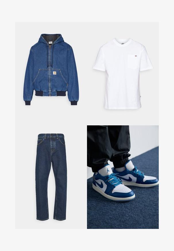 Carhartt WIP ACTIVE JACKET - Farkkutakki - blue stone washed; Valkoinen puuvillainen t-paita, jossa on pyöreä pääntie, lyhyet hihat ja rintatasku, jossa on pieni merkkilogo vasemmalla puolella.; Tummansiniset suorat farkut etupainikkeella, vetoketjulla ja taskuilla, esiteltynä valkoista taustaa vasten.; Nike Air Jordan tennarit ovat valkoiset nahkapohjaiset, joissa on siniset synteettiset yksityiskohdat, rei'itetty varvasosa ja siniset nauhat.