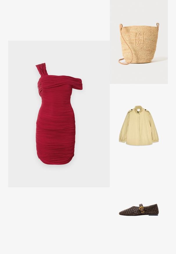 Beige losvallende jas van lichtgewicht materiaal, met een hoge kraag, grote knopen en elastische manchetten met zijzakken.; Rode, een-schouder jurk met een bodycon pasvorm, heeft textuur ruching over het geheel en een geplooide schouderdetail, wat een gedrapeerd effect creëert.; Bruine gevlochten platte schoen met spitse neus, enkele band en gouden gesp, van opzij gezien op een witte achtergrond.; Gevlochten strooien bucket bag met een gestructureerd patroon en leren riem, rechtopstaand weergegeven op een egale lichte achtergrond.