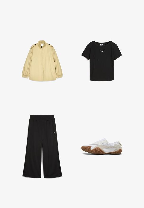 Beige losvallende jas van lichtgewicht materiaal, met een hoge kraag, grote knopen en elastische manchetten met zijzakken.; Zwart geribd Puma T-shirt met korte mouwen, ronde hals en wit Puma-logo in het midden van de borst.; Zwarte sportbroek met een elastische tailleband, zijsnapknopen en een wit Puma-logo aan de voorkant. Gemaakt van lichtgewicht stof.; Witte instap-sneaker met gestructureerde beige suède accenten en een bruine rubberen zool met afgeronde uitstulpingen voor grip.