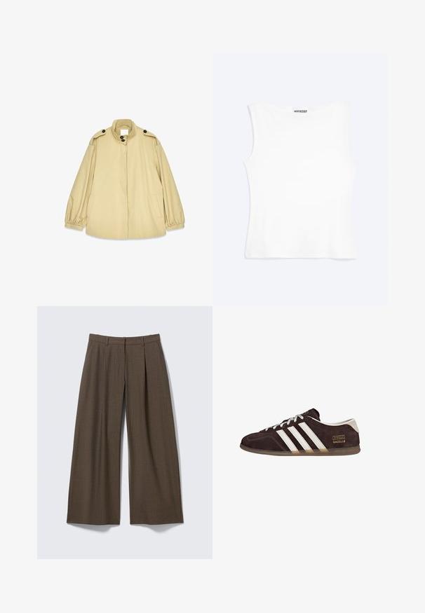 Beige losvallende jas van lichtgewicht materiaal, met een hoge kraag, grote knopen en elastische manchetten met zijzakken.; Wit nauwsluitend mouwloos tanktopje met een ronde halslijn en minimalistisch ontwerp, met het label "WEEKDAY" aan de binnenkant van de kraag.; Bruine brede pijpen broek met krijtstreep, riemlussen en voorplooien, plat uitgestald op een lichtgrijze achtergrond.; Bruine suède sneakers met drie witte strepen, rubberen zool en een tekstlabel met de tekst "Gazelle" in goud. Vetersluiting met grijze veters.