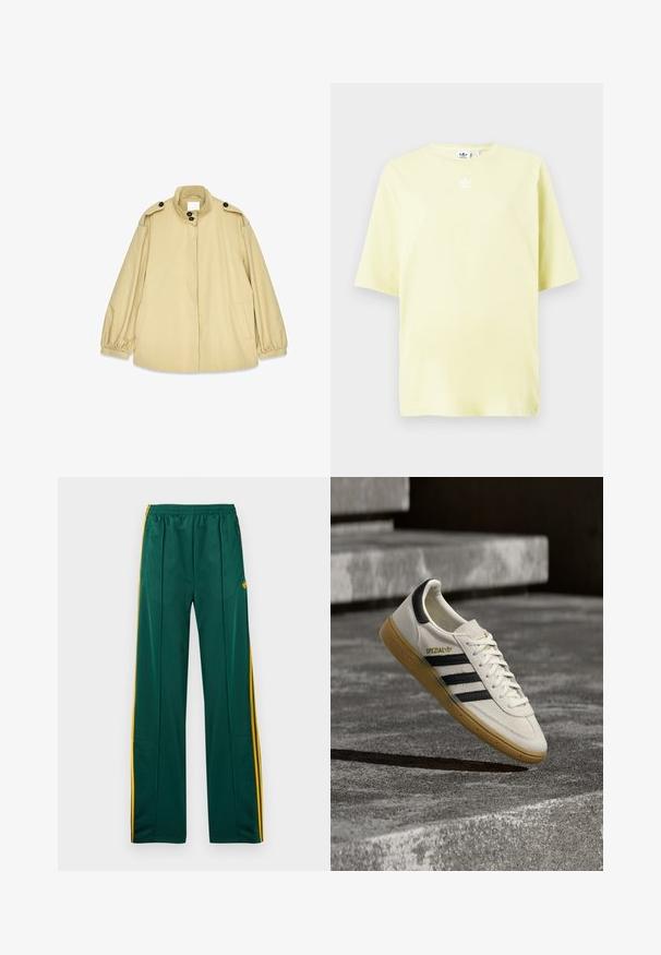 Chaqueta suelta de color beige, hecha de un material ligero, con un alto cuello, grandes botones y puños elásticos, además de bolsillos laterales.; Camiseta de Adidas de color amarillo claro, con mangas cortas y pequeño logo trefoil blanco en el centro cerca del escote.; Pantalones deportivos verdes con rayas laterales amarillas, cintura elástica y dos bolsillos laterales. Hechos de un material liso y ligero.; Zapatilla blanca Adidas Spezial con rayas negras y suela de goma flotando sobre escalones de piedra grises al aire libre.