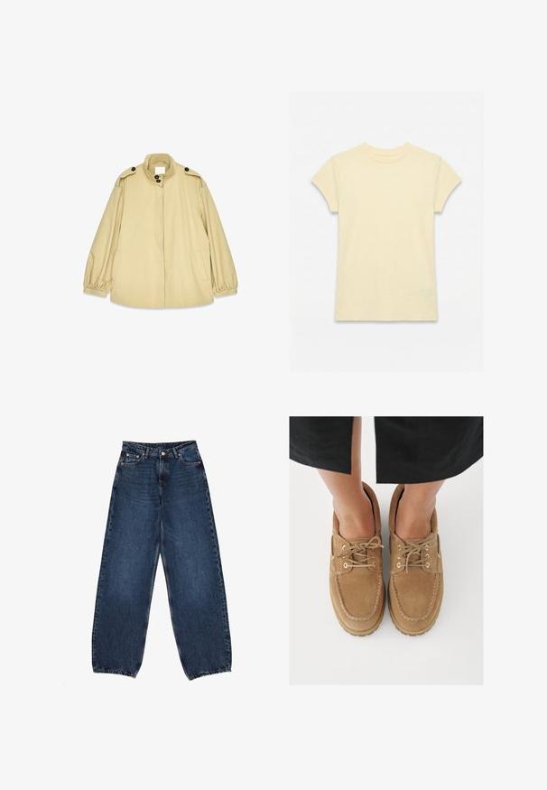 Beige losvallende jas van lichtgewicht materiaal, met een hoge kraag, grote knopen en elastische manchetten met zijzakken.; Effen lichtgele katoenen T-shirt met korte mouwen en ronde hals, plat gelegd op een witte achtergrond.; Donkerblauwe brede spijkerbroeken van denim, met een hoge taille, vijf zakken, messing klinknagels en schone zomen.; Bruine suède schoenen met een afgeronde neus, voorzien van gestructureerde veters en gouden oogjes, geplaatst tegen een lichte achtergrond.