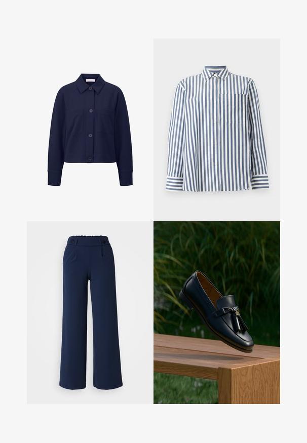 Chaqueta azul marino de botonadura con cuello, mangas raglán y dos bolsillos frontales. Tejido suave con una silueta ligeramente estructurada.; Camisa de manga larga con botones, con rayas verticales azules y blancas, cuello puntiagudo, bolsillo delantero y puños con rayas horizontales.; Pantalones de wide-leg en color navy, hechos de una tela suave; cuentan con un frente plano, dos bolsillos laterales y cierre de doble botón en la cintura.; Mocasín de cuero negro con borlas apoyado en el borde de una superficie de madera, follaje verde desenfocado en el fondo.