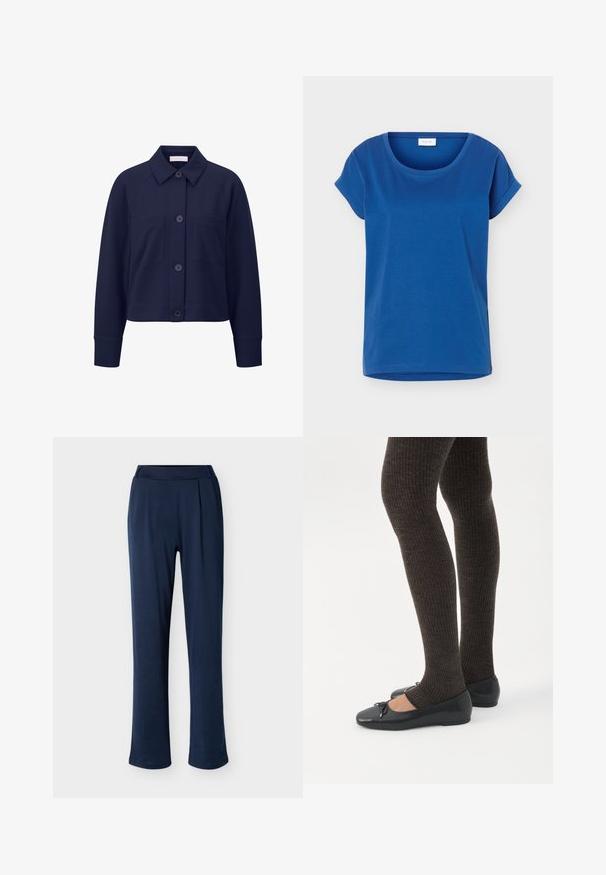 Chaqueta azul marino de botonadura con cuello, mangas raglán y dos bolsillos frontales. Tejido suave con una silueta ligeramente estructurada.; Camiseta azul de manga corta con puños enrollados y escote redondo, hecha de tela suave, etiquetada con "VILA" en el interior del cuello.; Pantalones azul marino de tela suave, con diseño de pierna ancha y pliegues delanteros, y una cinturilla elástica para mayor comodidad.; Piernas con leggings oscuros acanalados combinados con bailarinas negras que presentan pequeños detalles de lazo sobre un fondo blanco.