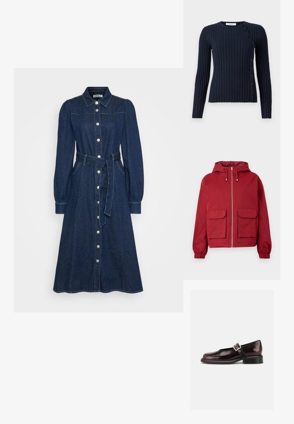 Rote Kapuzenjacke mit Frontreißverschluss, zwei großen Frontklappentaschen, elastischen Bündchen und Kordelzügen an der Kapuze.; Navyblauer, gerippter Pullover mit langen Ärmeln, Rundhalsausschnitt und Knopfverschluss auf der linken Seite. Hergestellt aus einem weichen Strickmaterial.; Jeanskleid in Dunkelblau mit kragenförmigem Ausschnitt, langen Puffärmeln, durchgehender Knopfleiste und passendem Gürtel in der Taille.; Ein einzelner glänzender dunkelburgunder Mary Jane Schuh mit breitem Riemen und silberner Schnalle, niedrigem Blockabsatz und abgerundeter Spitze auf weißem Hintergrund.