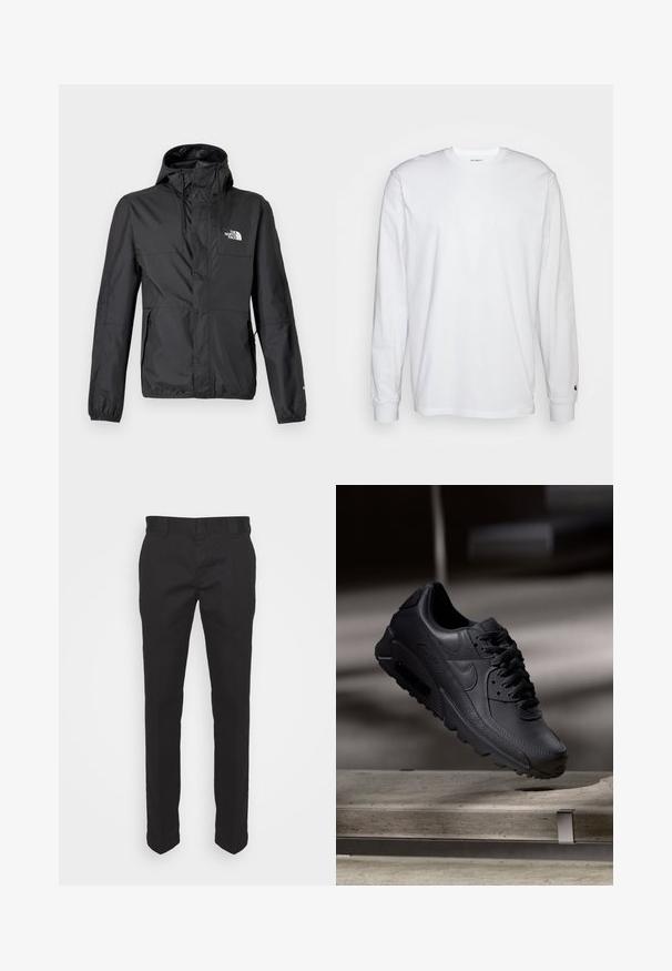 Čierna nepremokavá bunda s kapucňou, predné patentky a vrecká na zips, s logom The North Face na hrudi a rukáve.; Biela dlhá bavlnená tričko s dlhým rukávom. Dizajn s okrúhlym výstrihom a rebrovanými manžetami, malá nášivka na ľavom rukáve. Hladká textura.; Čierne chinos nohavice vyrobené z bavlnenej zmesi, s rovnými nohavicami, hladkou textúrou a štandardnými pútkami na opasok. Žiadne viditeľné vzory ani akcenty.; Čierne tenisky Nike Air Max s textúrovaným koženým zvrškom, gumovou podrážkou a výrazným šnurovacím systémom, ktoré predvádzajú štýlový, moderný dizajn.