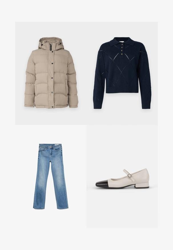 Beige puffer jope kapuutsiga, millel on tikanditud disain, nööbid ja reguleeritavad paelad kaeluses.; Tumesinise kudumisse elujõuline kampsun, millel on kraed, nööpide rida, teemantmustrid ja soonikkoes ääred.; Heledad sinine teksarihm, klassikalise viie tasku disainiga, nööbi ja tõmbluku sulgemisega ning sirge säärega.; Kreemivärvi nahast Mary Jane stiilis kingad musta läikiva toe'ga. Omab ümmargust varvast, pahkluule paelaga vöö, madalat ploki kontsa.